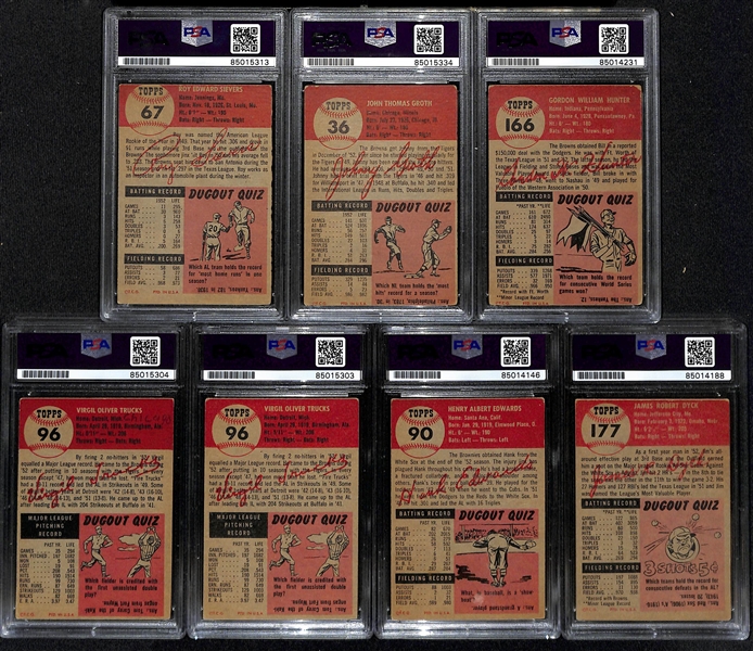 (7) 1953 Topps Signed Cards w. Roy Sievers, Johnny Groth, Bill Hunter, (2) Virgil Trucks, Hank Edwards, and Jim Dyck. (PSA/DNA Certified)